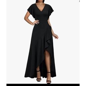 Miusol Medium Women's Dress Hi-Low Hem Ruffle V-Neck Black Stretch Evening Party